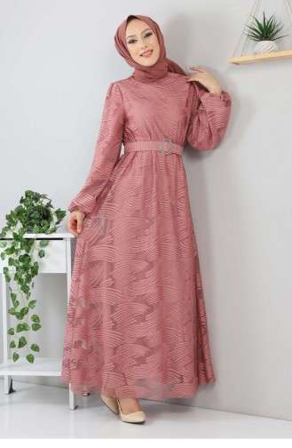 Kemerli Dantelli Elbise Gül Kurusu 13300