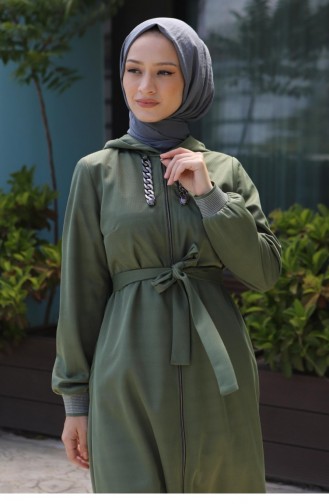 Zincir Detaylı Fermuarlı Ferace Haki 14900