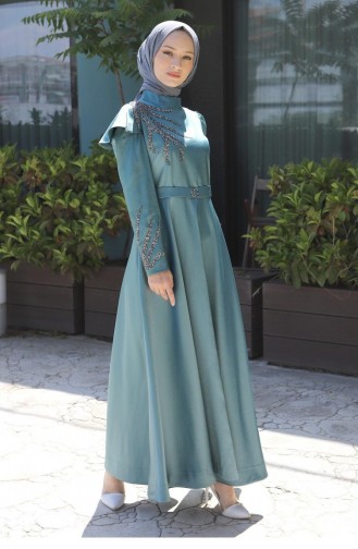 Taşlı Yakma Desenli Abiye Mint 11403