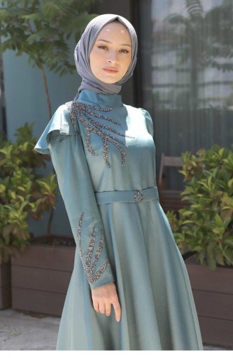 Taşlı Yakma Desenli Abiye Mint 11403