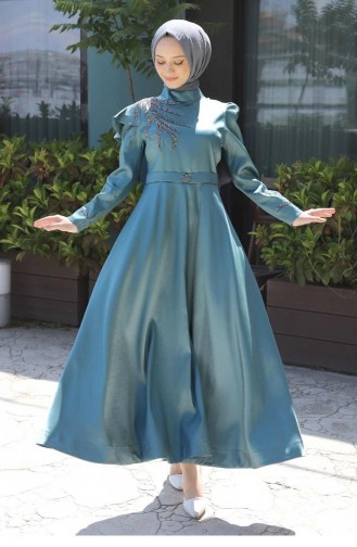 Taşlı Yakma Desenli Abiye Mint 11403