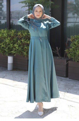 Taşlı Yakma Desenli Abiye Mint 11403