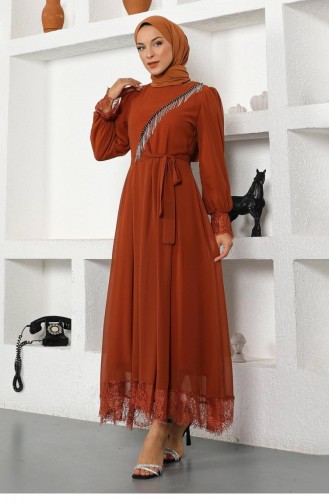 Brick Red Hijab Evening Dress 13945