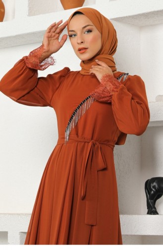 Brick Red Hijab Evening Dress 13945