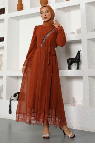 Brick Red Hijab Evening Dress 13945