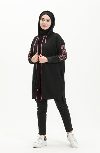 İki İplik Şardonlu Hırka 9008-02 Siyah Fuşya