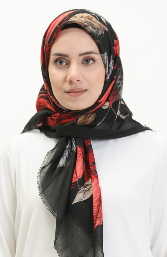 Çekme Cotton Eşarp 13204-13 Siyah Kırmızı