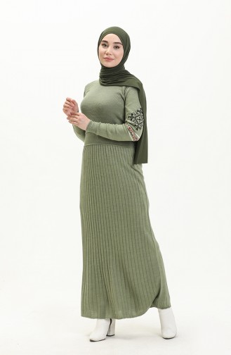 فستان تريكو مطرز 1515-05  أخضر عسكري 1515-05