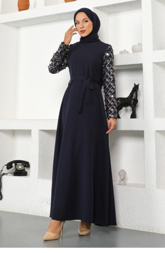 Navy Blue Hijab Evening Dress 13940