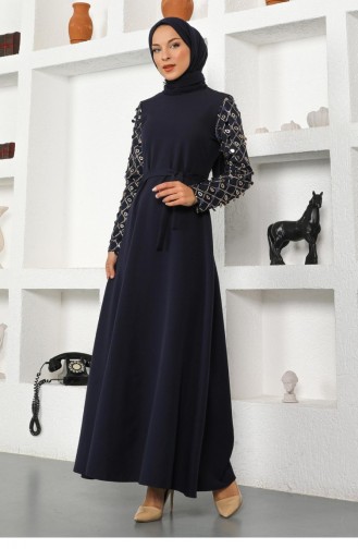 Navy Blue Hijab Evening Dress 13940