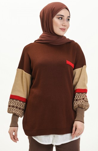 Etnik Desenli Triko Tunik TNK0016-03 Kahverengi