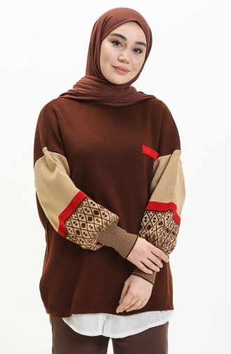 Etnik Desenli Triko Tunik TNK0016-03 Kahverengi