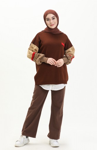 Etnik Desenli Triko Tunik TNK0016-03 Kahverengi