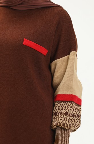 Etnik Desenli Triko Tunik TNK0016-03 Kahverengi