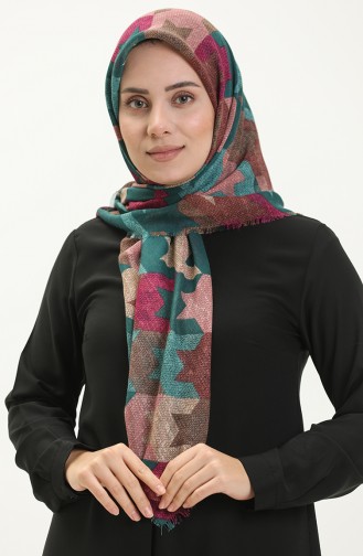 Desenli Flamlı Eşarp 13207-01 Zümrüt Yeşili Mürdüm