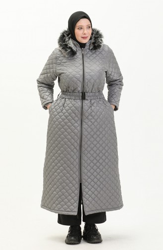 Manteau Long Matelassé en Fourrure Grande Taille 6046-02 Gris 6046-02