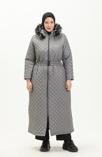 Manteau Long Matelassé en Fourrure Grande Taille 6046-02 Gris 6046-02