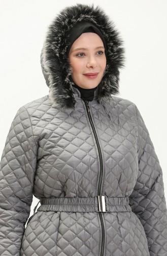 Manteau Long Matelassé en Fourrure Grande Taille 6046-02 Gris 6046-02