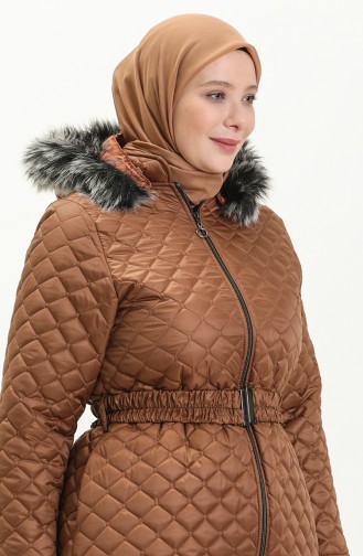 Manteau Long Matelassé en Fourrure Grande Taille 6046-03 Tabac 6046-03