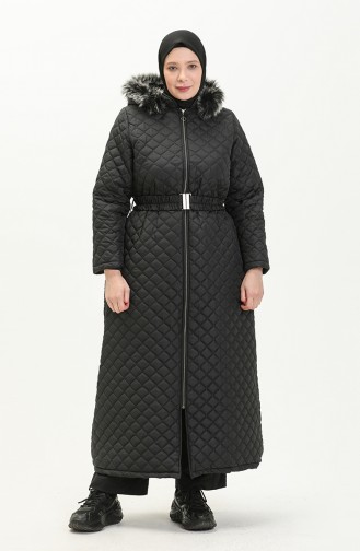 Manteau Long Matelassé en Fourrure Grande Taille 6046-06 Noir 6046-06