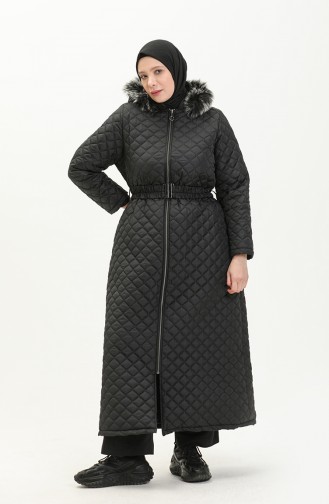 Manteau Long Matelassé en Fourrure Grande Taille 6046-06 Noir 6046-06