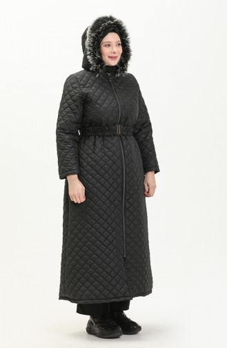 Manteau Long Matelassé en Fourrure Grande Taille 6046-06 Noir 6046-06