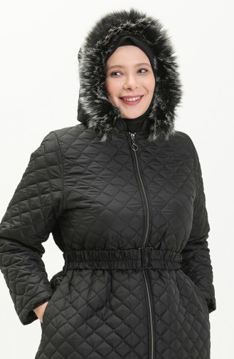 Manteau Long Matelassé en Fourrure Grande Taille 6046-06 Noir 6046-06