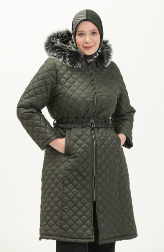 Manteau Matelassé en Fourrure Grande Taille 6047-01 Khaki 6047-01