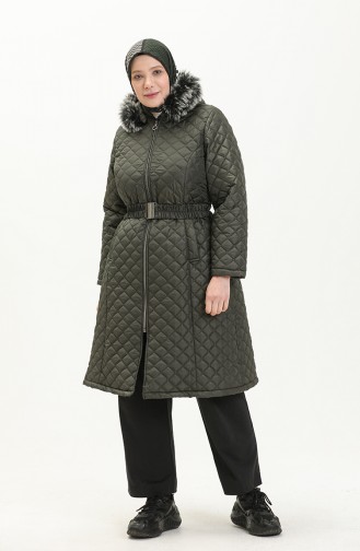 Manteau Matelassé en Fourrure Grande Taille 6047-01 Khaki 6047-01