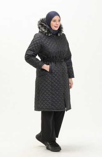 Manteau Matelassé en Fourrure Grande Taille 6047-02 Bleu Marine 6047-02