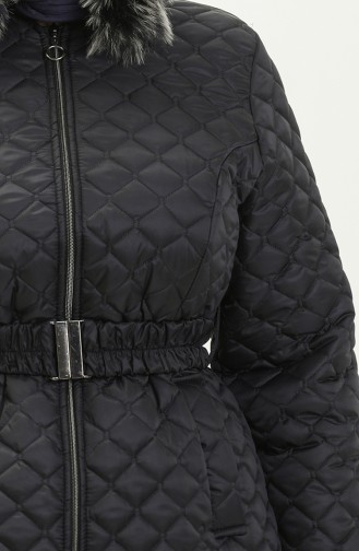 Manteau Matelassé en Fourrure Grande Taille 6047-02 Bleu Marine 6047-02