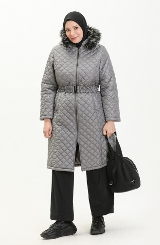 Manteau Matelassé en Fourrure Grande Taille 6047-03 Gris 6047-03