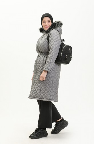 Manteau Matelassé en Fourrure Grande Taille 6047-03 Gris 6047-03