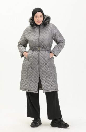 Manteau Matelassé en Fourrure Grande Taille 6047-03 Gris 6047-03