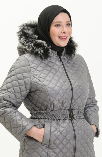 Manteau Matelassé en Fourrure Grande Taille 6047-03 Gris 6047-03