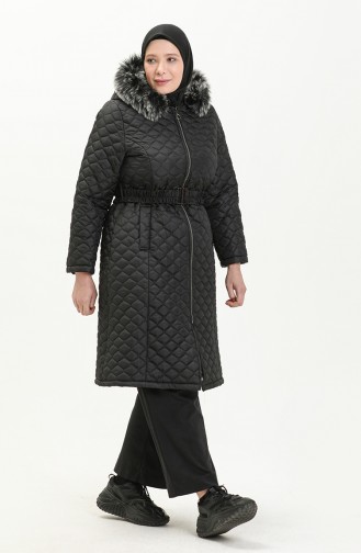 Manteau Matelassé en Fourrure Grande Taille 6047-04 Noir 6047-04