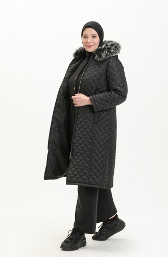 Manteau Matelassé en Fourrure Grande Taille 6047-04 Noir 6047-04