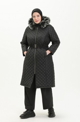 Manteau Matelassé en Fourrure Grande Taille 6047-04 Noir 6047-04