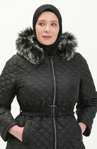 Manteau Matelassé en Fourrure Grande Taille 6047-04 Noir 6047-04