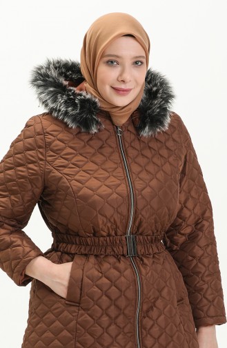 Manteau Matelassé en Fourrure Grande Taille 6047-06 Tabac 6047-06