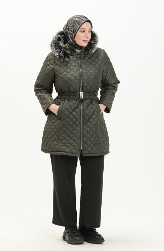 Manteau Matelassé à Ceinture Grande Taille 6072-02 Khaki 6072-02