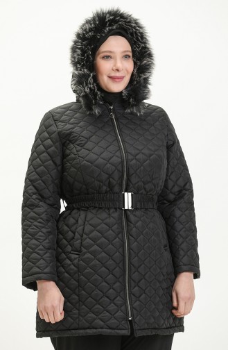 Manteau Matelassé à Ceinture Grande Taille 6072-03 Noir 6072-03