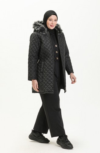 Manteau Matelassé à Ceinture Grande Taille 6072-03 Noir 6072-03