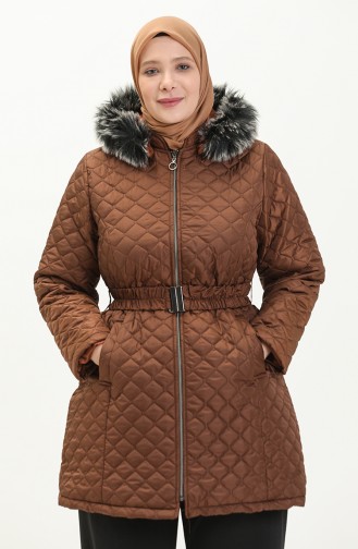 Manteau Matelassé à Ceinture Grande Taille 6072-05 Tabac 6072-05