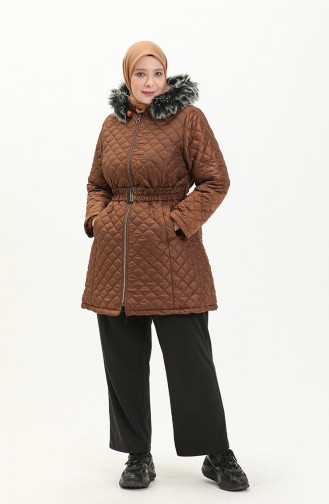 Manteau Matelassé à Ceinture Grande Taille 6072-05 Tabac 6072-05