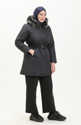 Manteau Matelassé à Ceinture Grande Taille 6072-06 Bleu Marine 6072-06