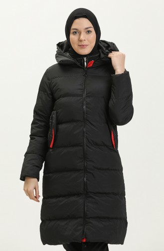 Langer Puffercoat mit Kapuze 8006-03 Schwarz-Weinrot 8006-03