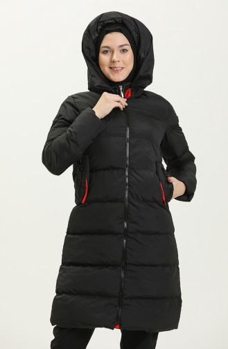 Langer Puffercoat mit Kapuze 8006-03 Schwarz-Weinrot 8006-03