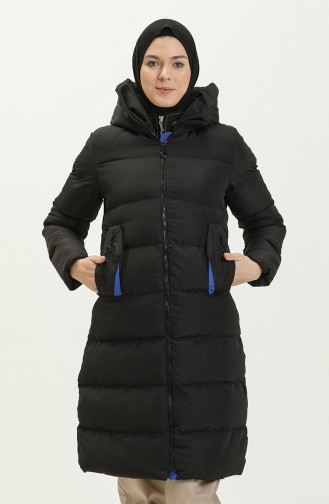 Manteau Long Matelassé à Capuche 8006-04 Noir Bleu Roi 8006-04