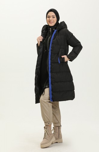 Manteau Long Matelassé à Capuche 8006-04 Noir Bleu Roi 8006-04